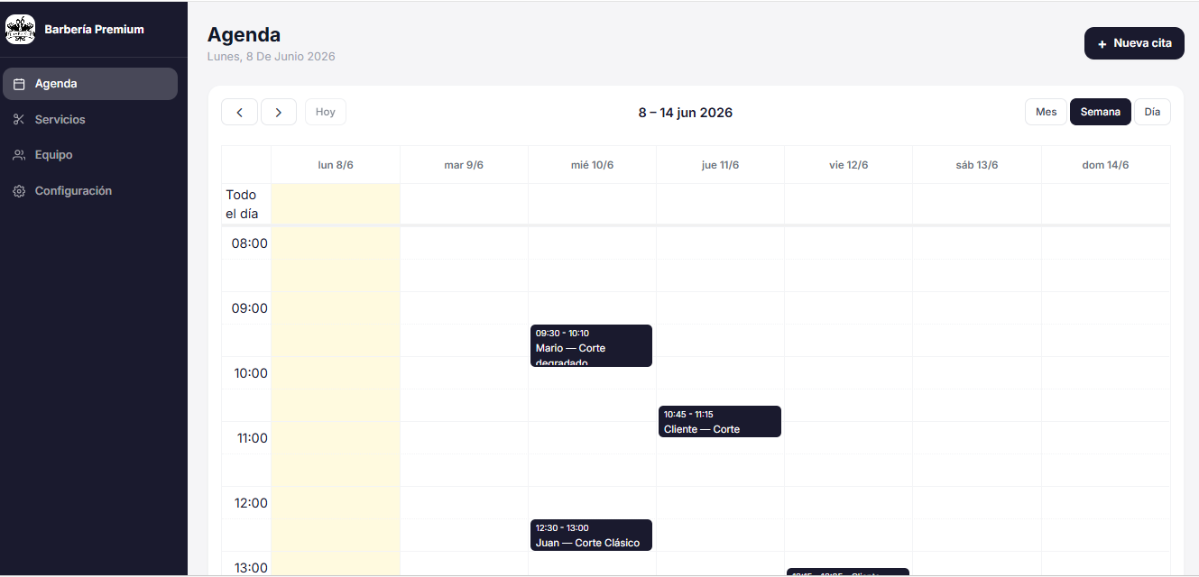 Agenda semanal de BarberApp con citas por barbero
