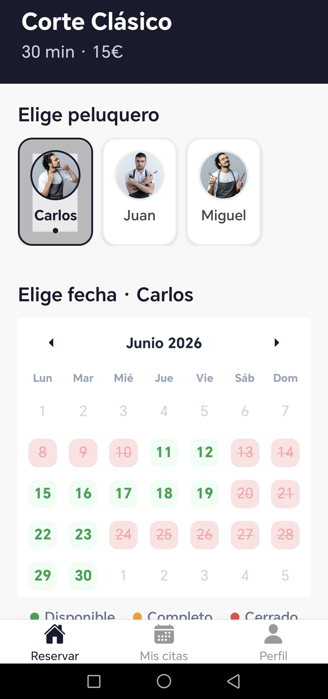 Pantalla de reserva: elegir peluquero y fecha