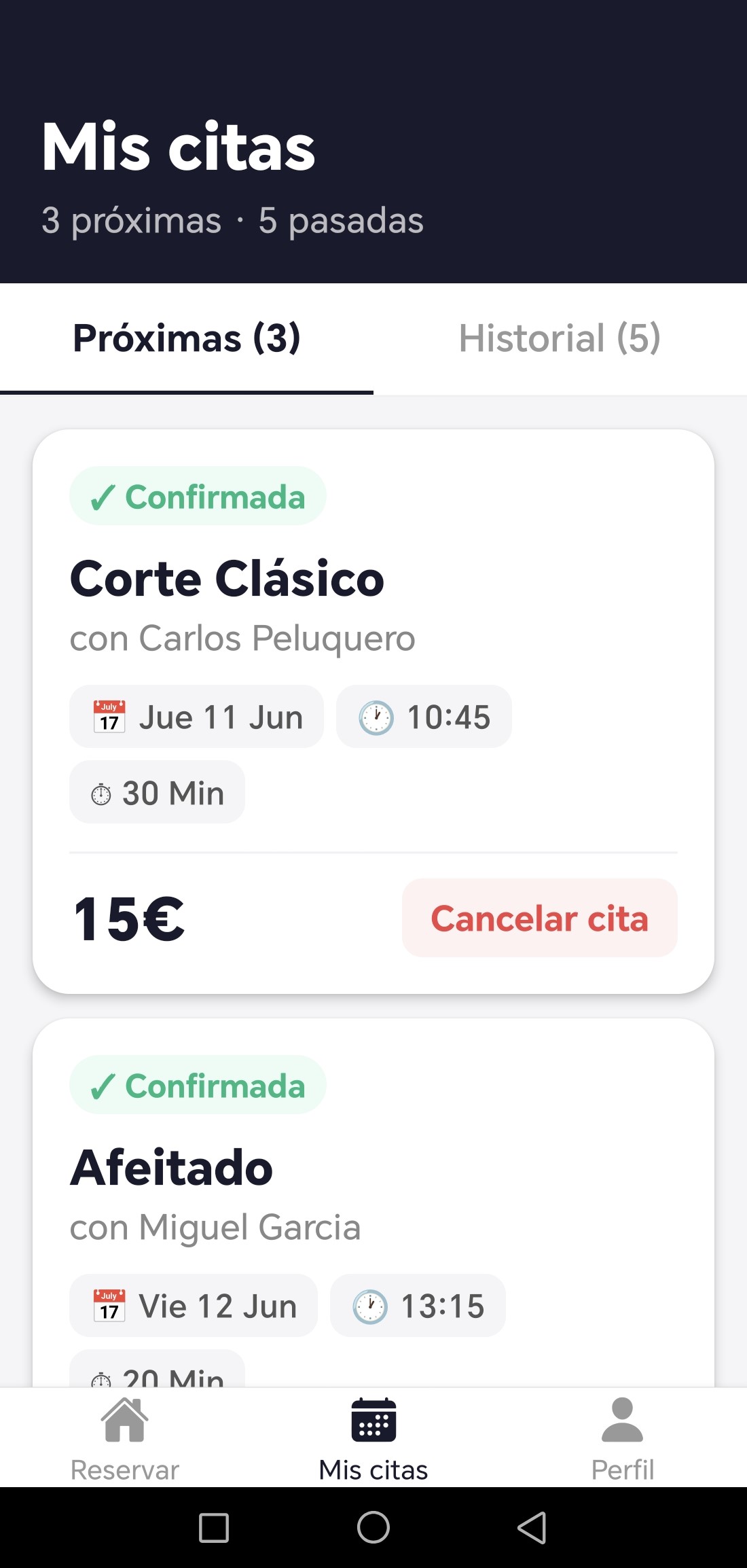 Listado de citas confirmadas del cliente