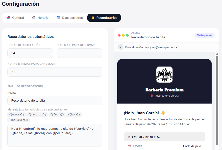 Configuración de recordatorios automáticos por email